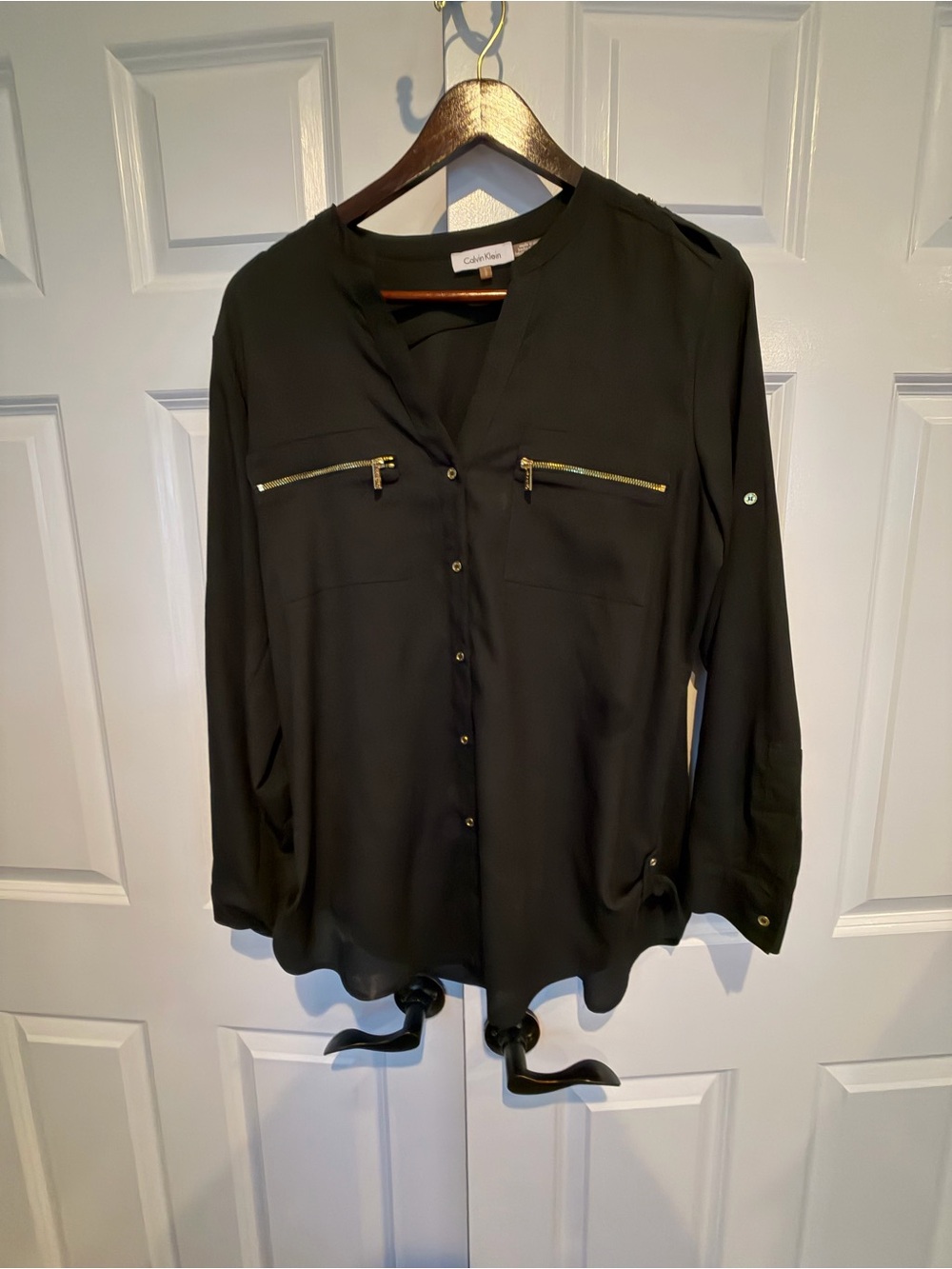 Calvin Klein Black Long-Sleeve Zip-Pocket Blouse